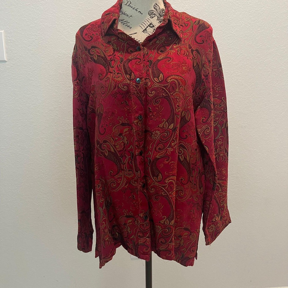 Chico's Design Red Paisley Silk Blend‎ Button-Down Shirt Women's